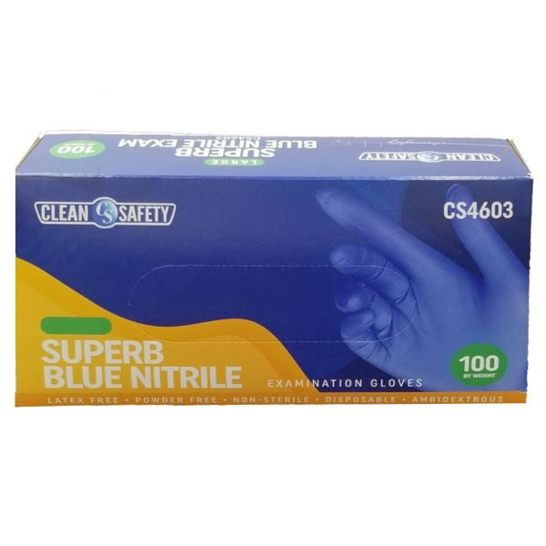 Clean Safety SuperB Blue Nitrile Exam Gloves, Powder Free, Latex Free, Non-Sterile, 4 Mil, Sizes S-XL