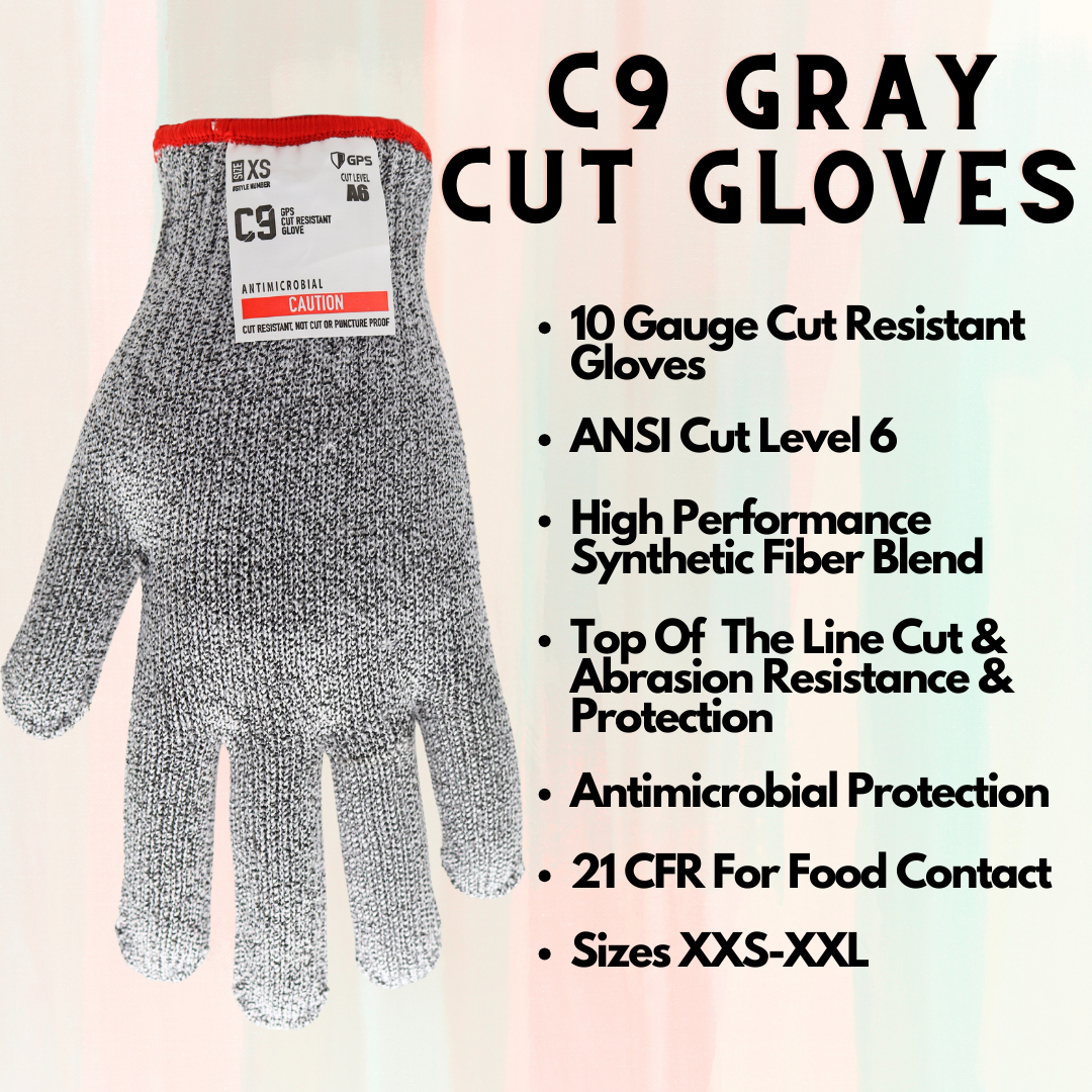 C9, 10 Gauge Cut Resistant Grey Glove ANSI Cut Level 6 - Sizes XXS-XXL - GPS Gloves