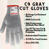 C9, 10 Gauge Cut Resistant Grey Glove ANSI Cut Level 6 - Sizes XXS-XXL