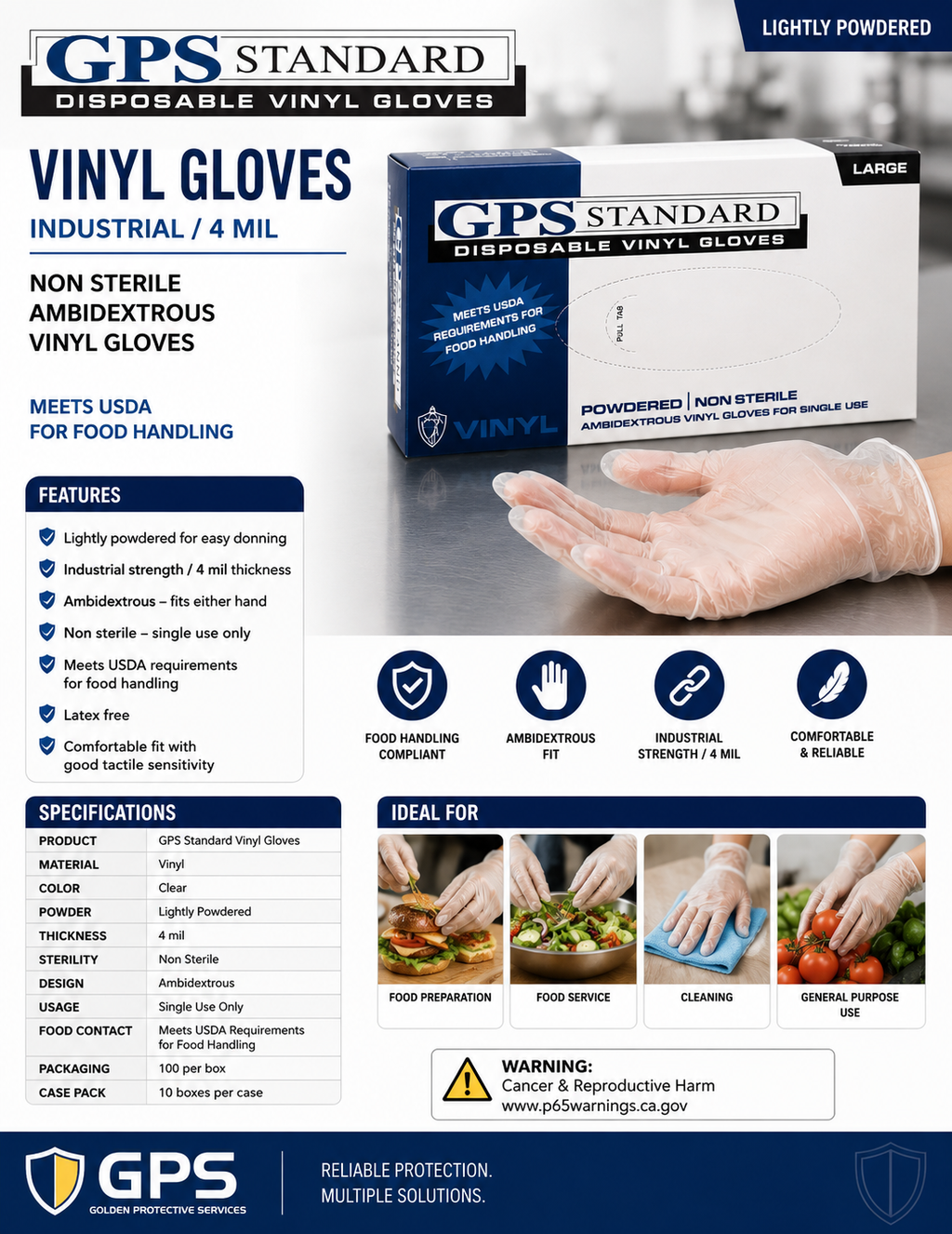 GPS Standard Vinyl Powdered Disposable Gloves, 4 mil, 100 Per Box, 10 Boxes Per Case - GPS Gloves
