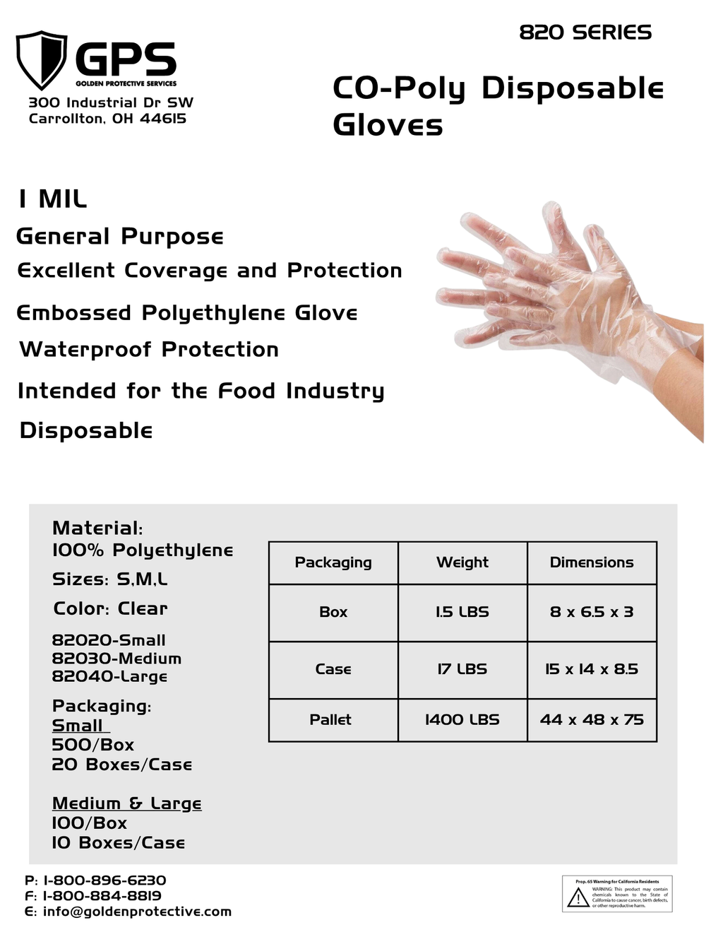 Co Poly Clear Disposable Glove, 820 Series, Sizes S-L - GPS Gloves