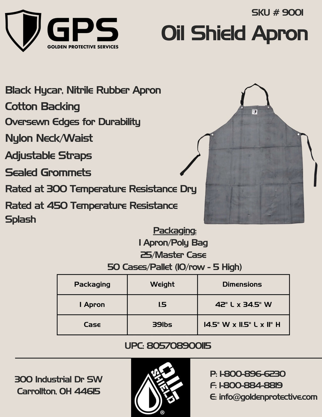 Oil Shield® Hycar, Black Nitrile Rubber Apron Mid-Weight 42", Food Service Safety - GPS Gloves