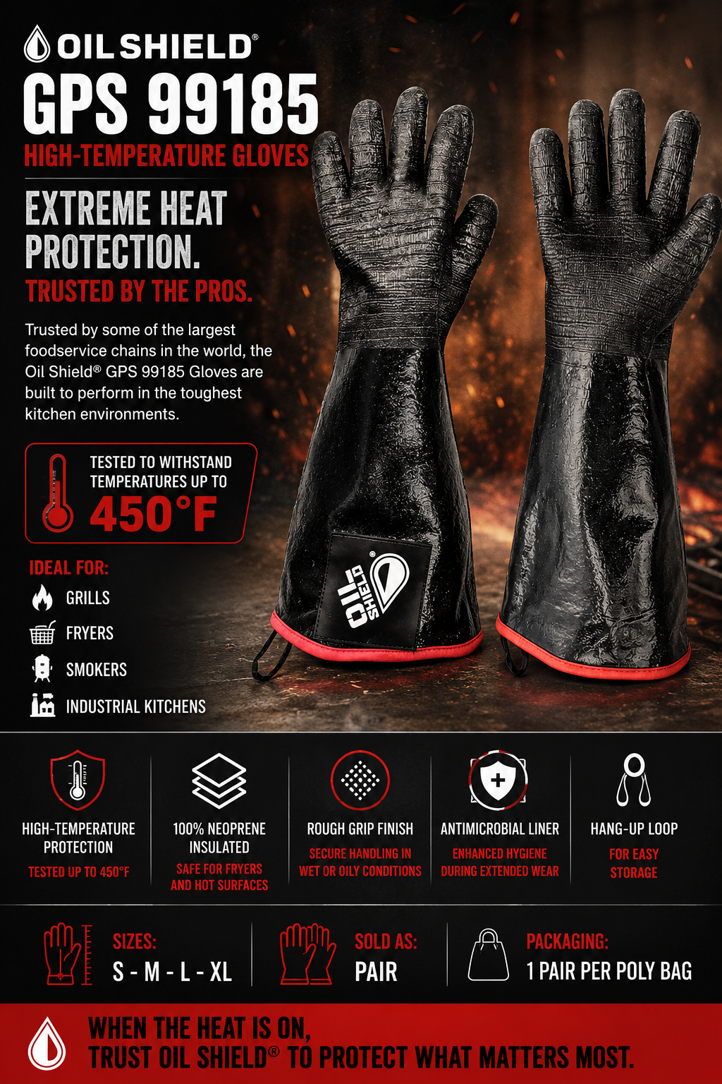 Oil Shield®, 18" High Temp Insulated Neoprene Gloves - Mens Sizes S-XL - GPS Gloves