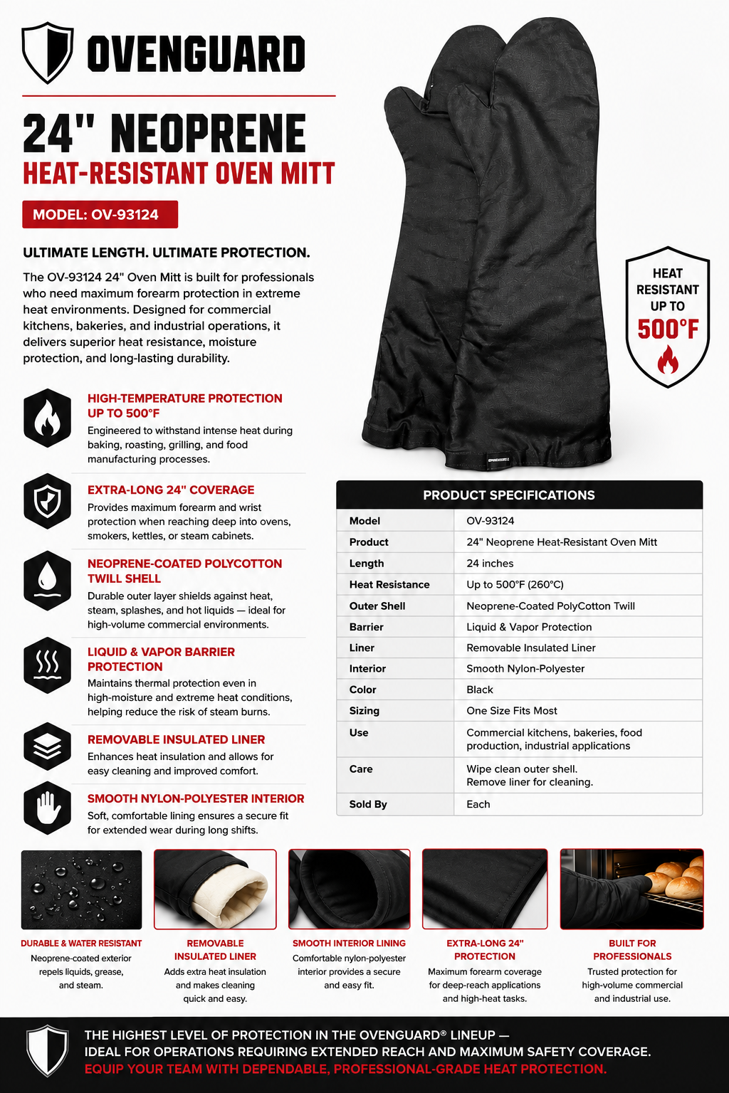 OvenGuard 24" Oven Mitts, Burn & Steam Protection, 500 Degree Temp Rating, Black - GPS Gloves