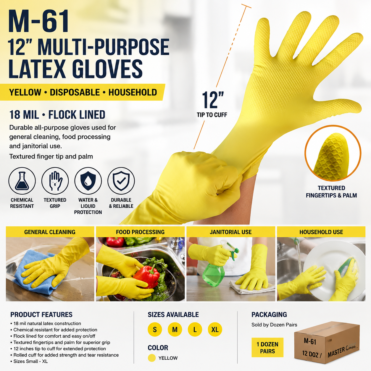 12" Multi Purpose Latex Gloves, Yellow Disposable Household, Textured, Chemical Resistant, 12 mil, Sizes S-XL