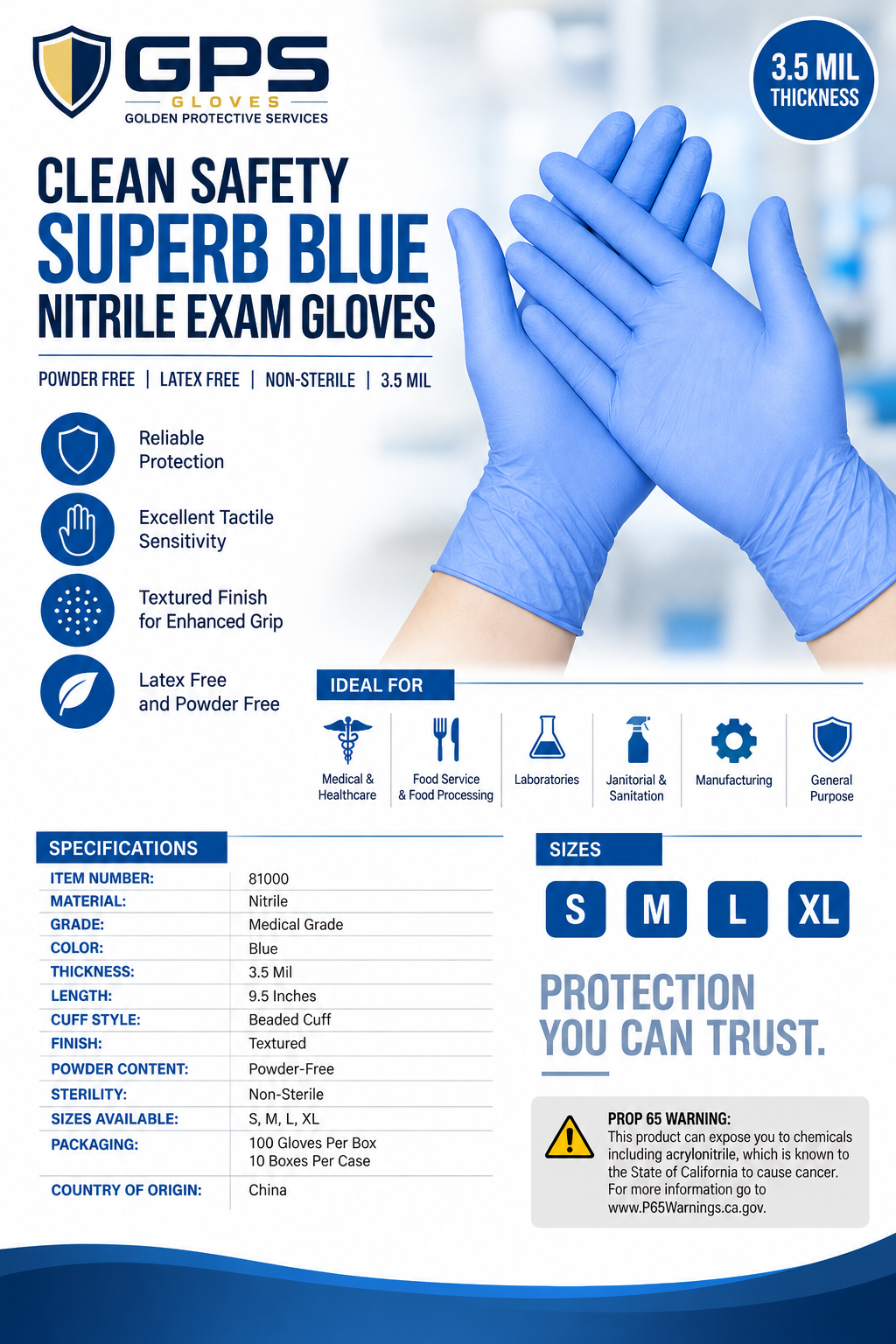81000 Blue Medical Grade Powder-Free Nitrile Exam Gloves | 3.5 Mil - GPS Gloves