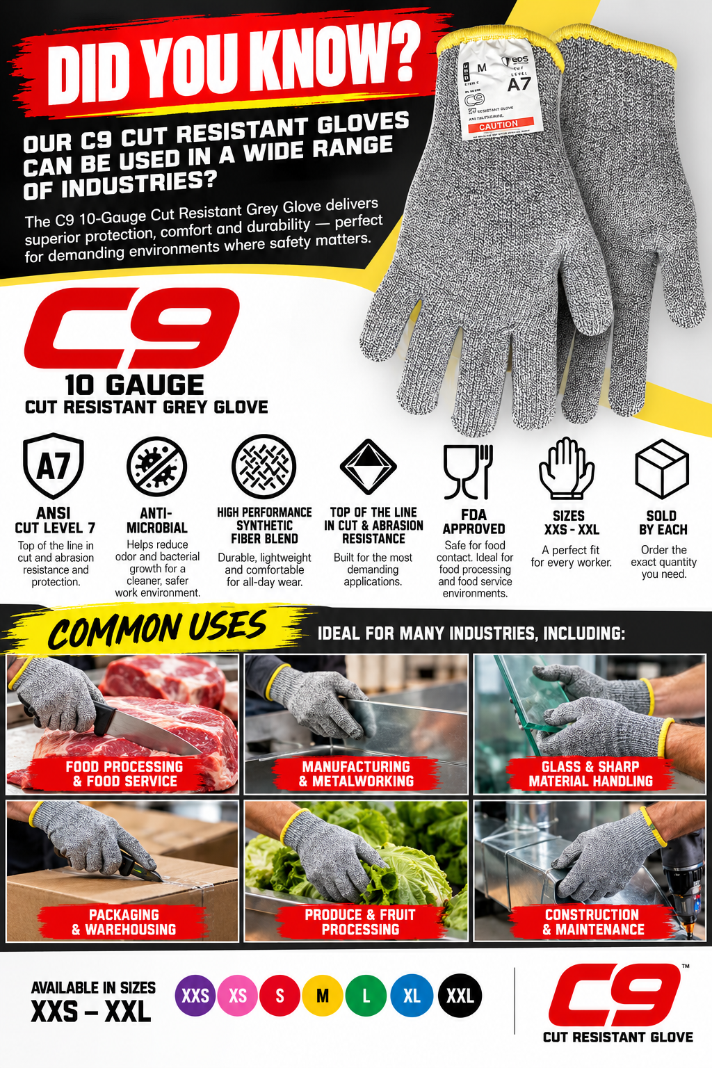 C9, 10 Gauge Cut Resistant Grey Glove ANSI Cut Level 7 - Sizes XXS-XXL - GPS Gloves