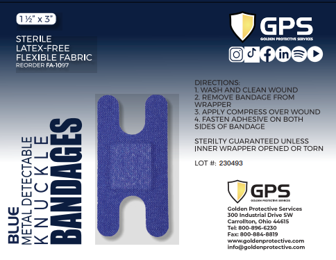 Knuckle Bandage, Blue Metal Detectable, 1 1/2" x 3"- 40/Box - GPS Gloves