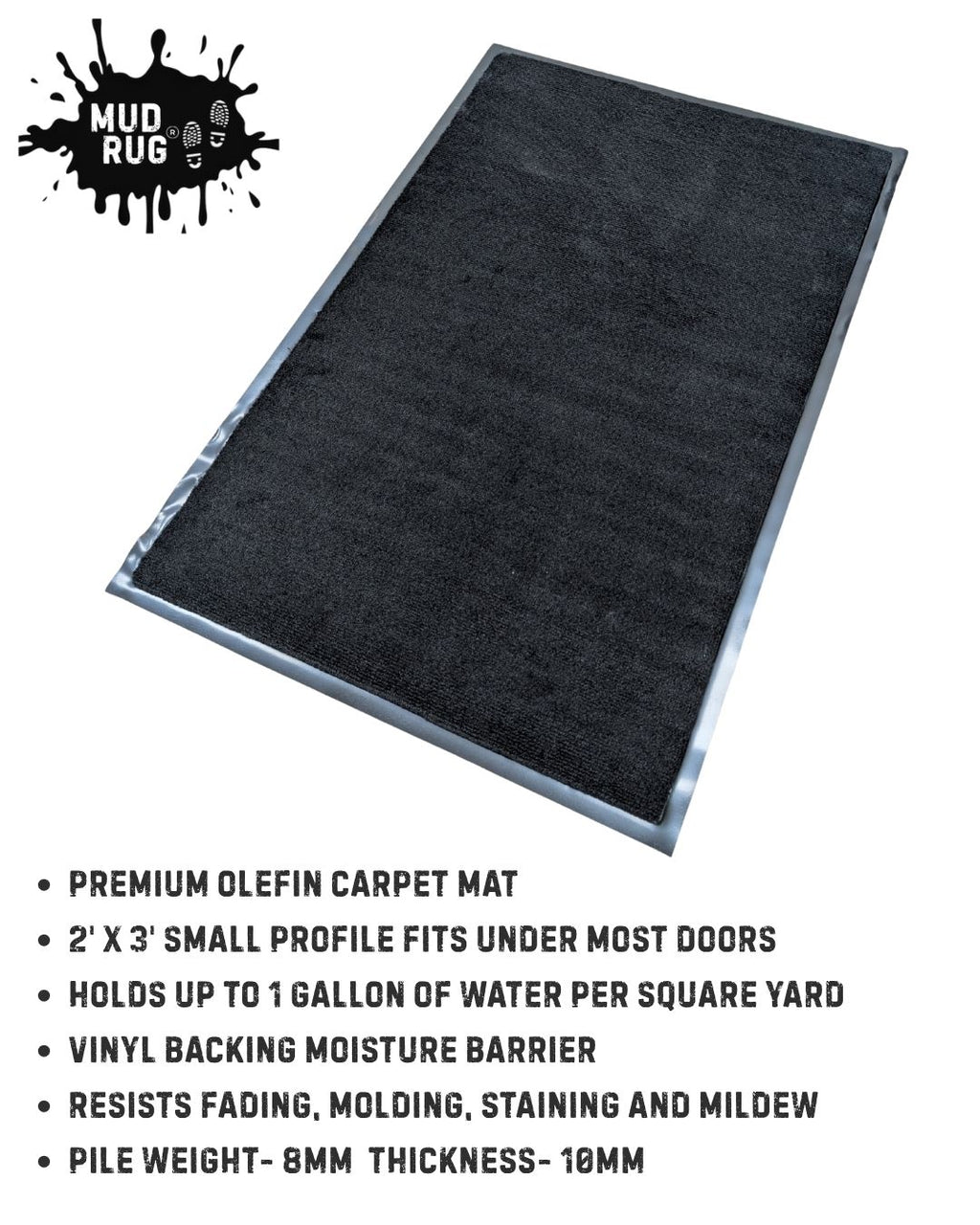 Mud Rug 2' x 3' Olefin Indoor Carpet Mats, Black, Vinyl Backing - GPS Gloves