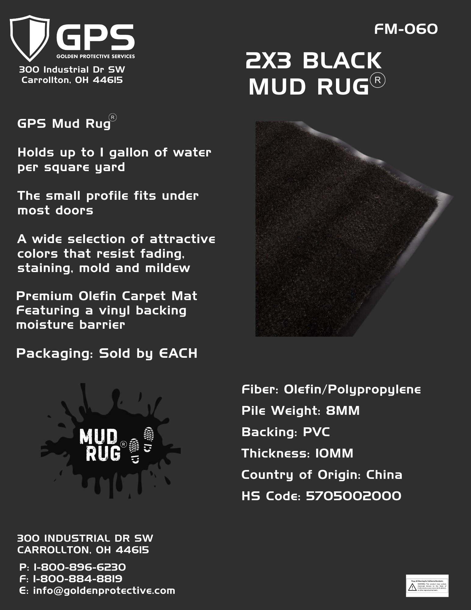 Mud Rug 2' x 3' Olefin Indoor Carpet Mats, Black, Vinyl Backing - GPS Gloves