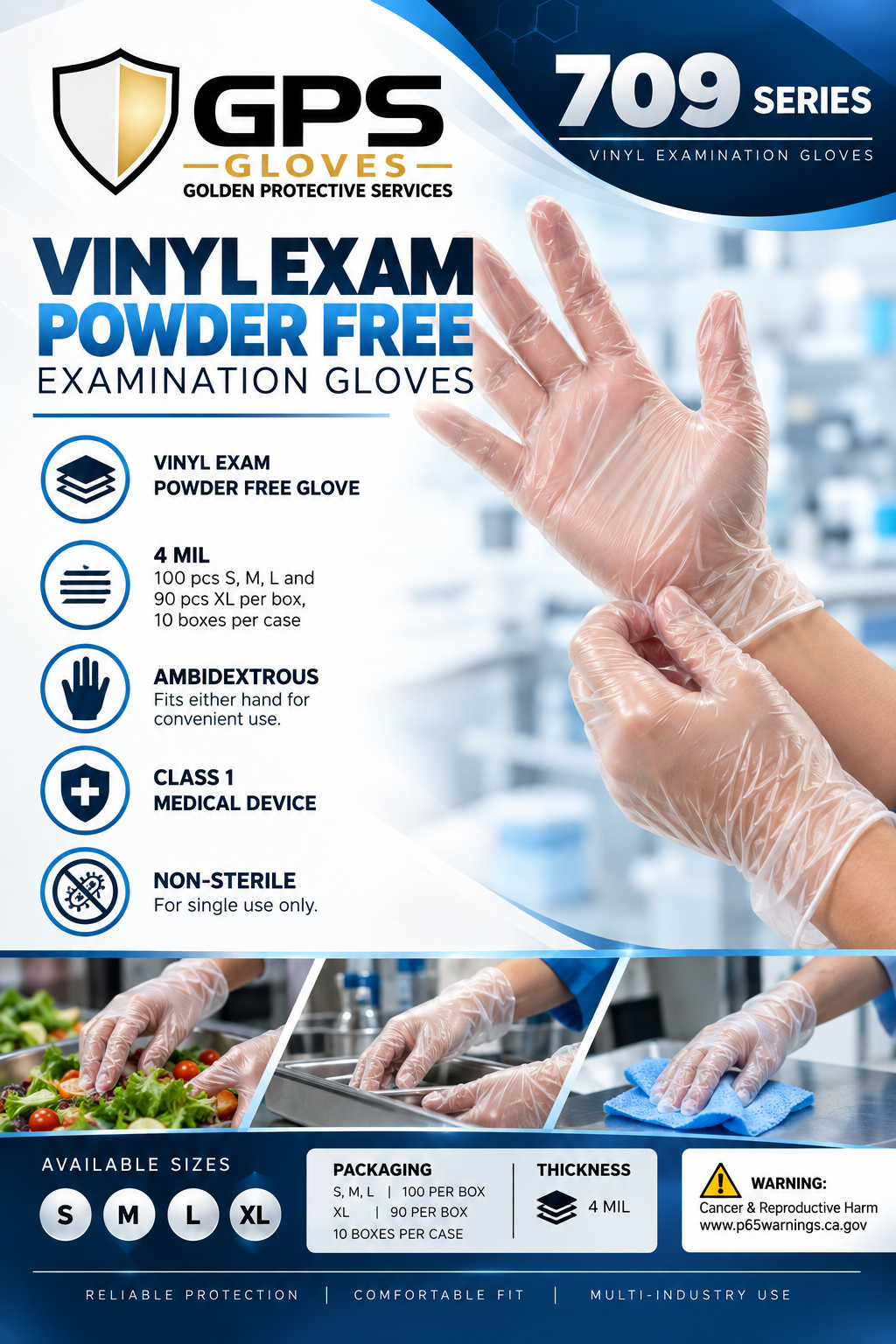 Vinyl Exam Powder Free Examination Gloves, 4 Mil, 100 Per Box, 10 Boxes Per Case