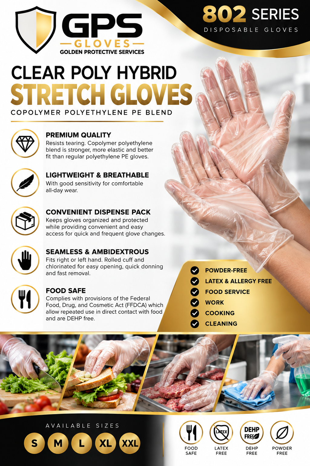 Disposable Clear Poly Hybrid Stretch Gloves, Powder-Free, Latex and Allergy Free