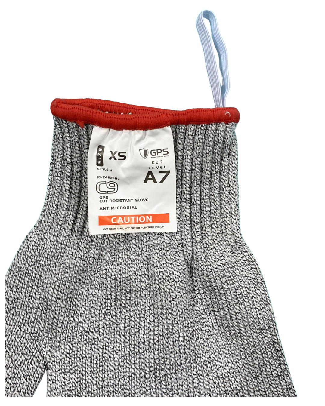 C9, 10 Gauge Cut Resistant Grey Glove w/Hang Up Loop ANSI Cut Level 6 - Sizes XXS-XXL - GPS Gloves