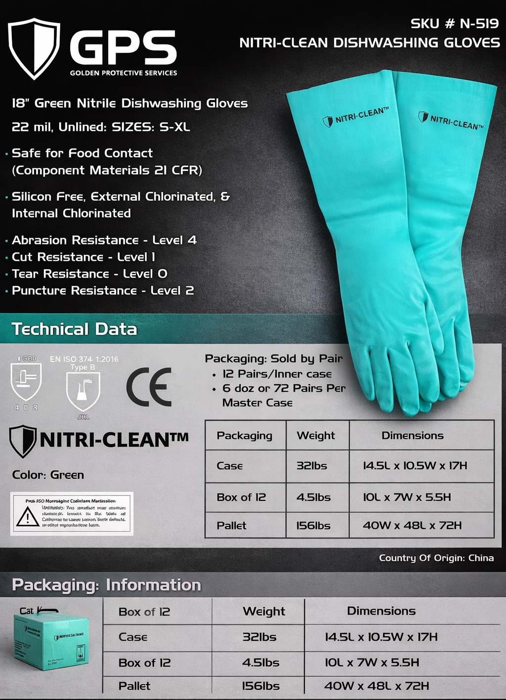 Nitri-Clean, Green Nitrile, 22mil, 18" Length, Unlined Gloves - GPS Gloves