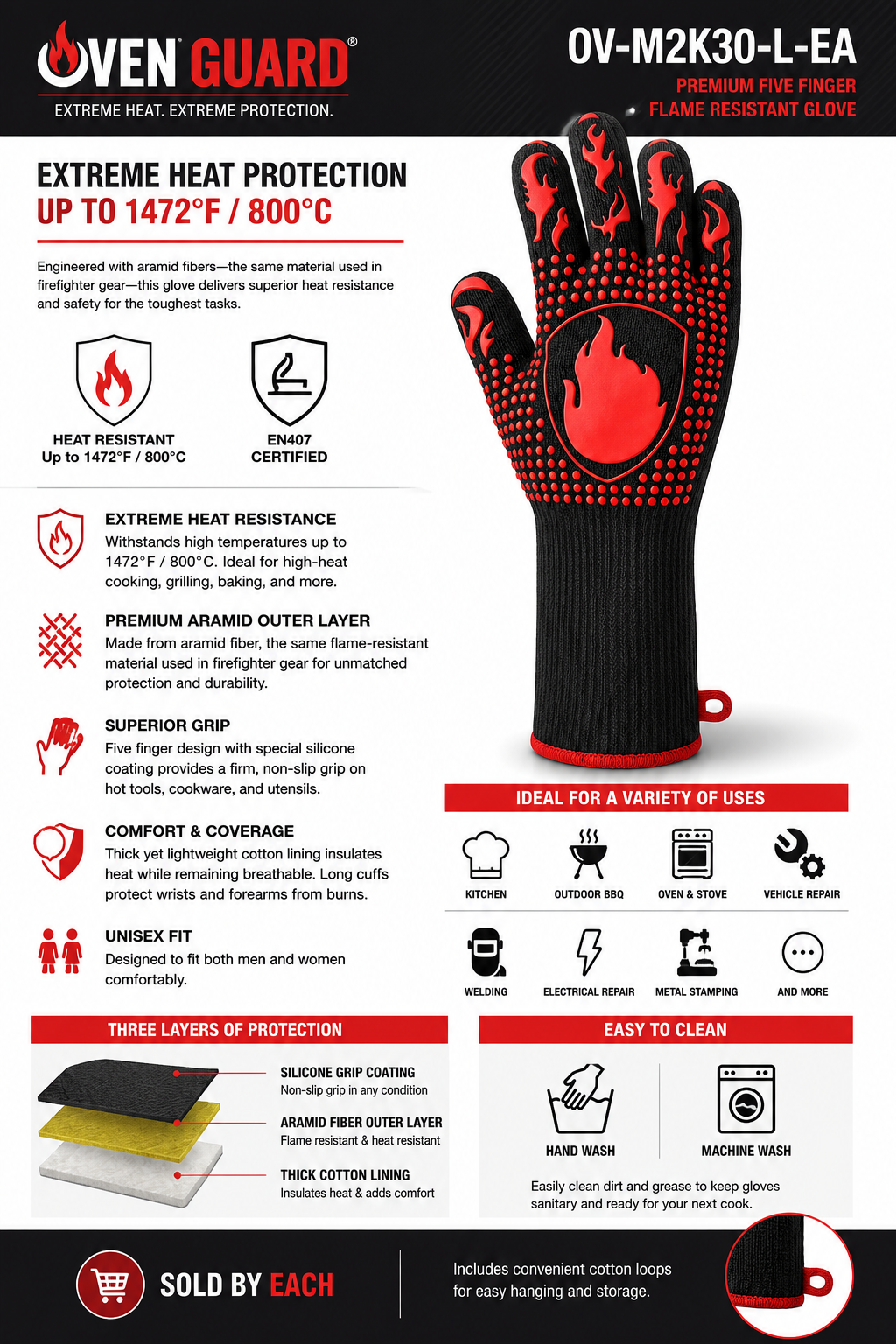 BBQ Grill Gloves, Premium Extreme Heat Resistant Up to 932℉, Great for BBQ, Oven and Grill, Non Slip, Silicone, Washable, Safe for Cooking, Grilling, Baking, 1 Glove