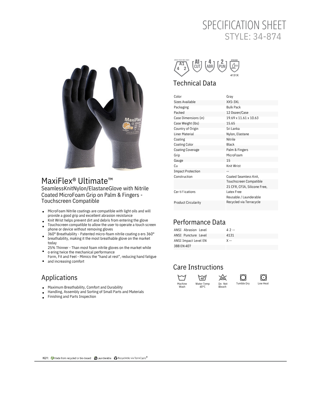 MaxiFlex Ultimate 34-874 Nitrile Coated Micro Foam Grip Gloves, Cut Re – GPS Gloves