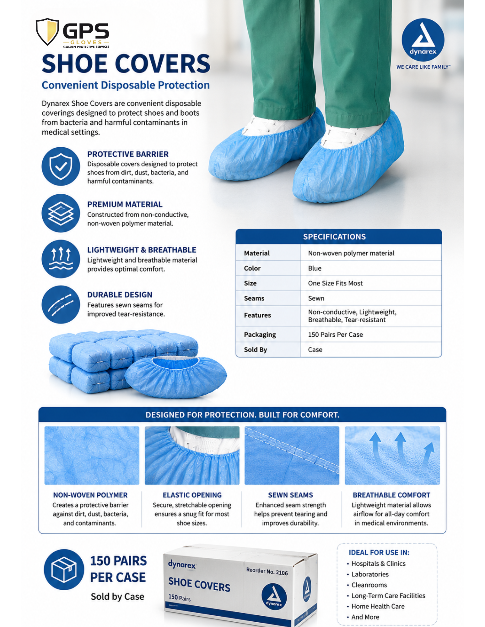 Shoe Cover, Universal Site, Non-Conductive, Non Skid, Lightweight, 150 Pairs Per Case - GPS Gloves