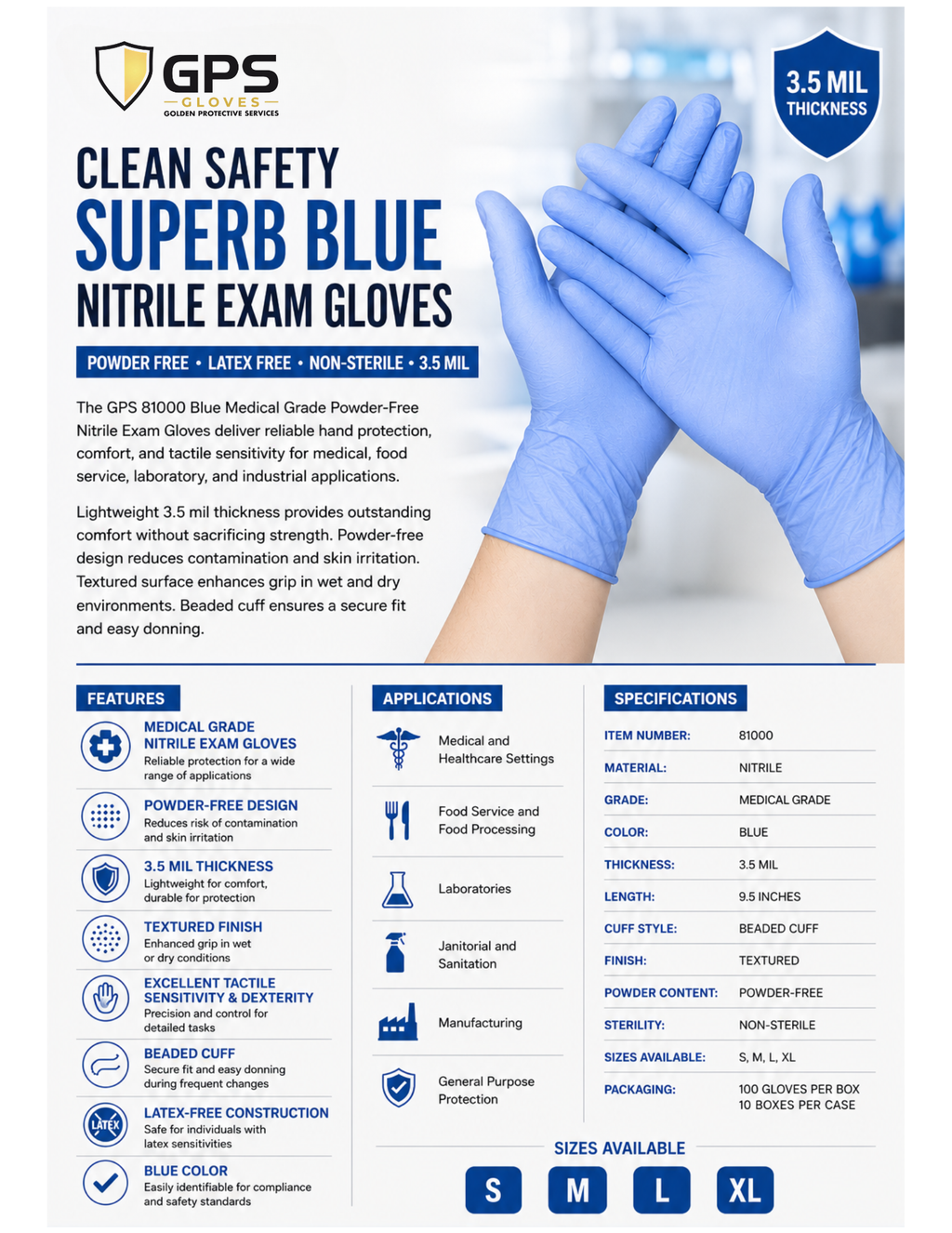 81000 Blue Medical Grade Powder-Free Nitrile Exam Gloves | 3.5 Mil - GPS Gloves