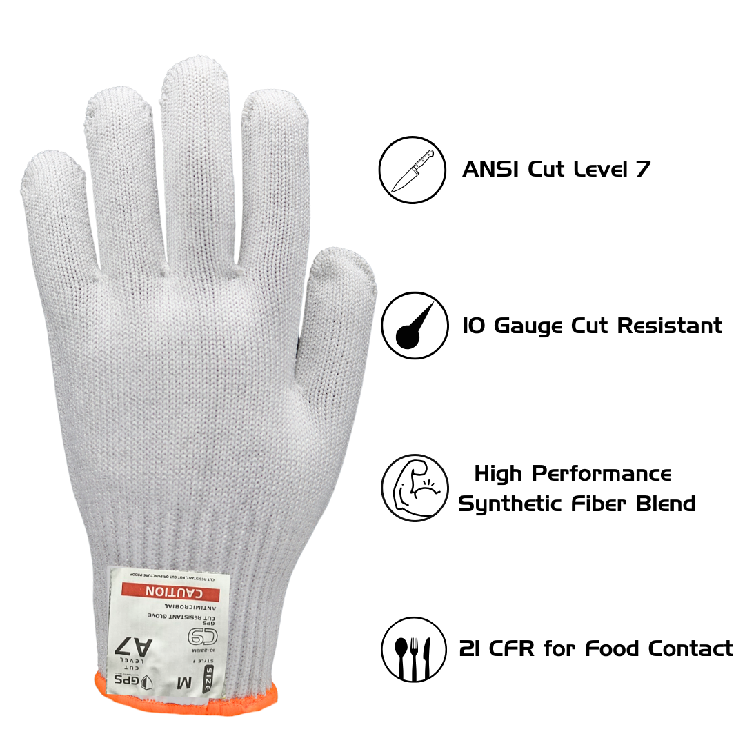 C9, 10 Gauge Cut Resistant White Glove ANSI Cut Level 6 - Sizes XXS-XL - GPS Gloves