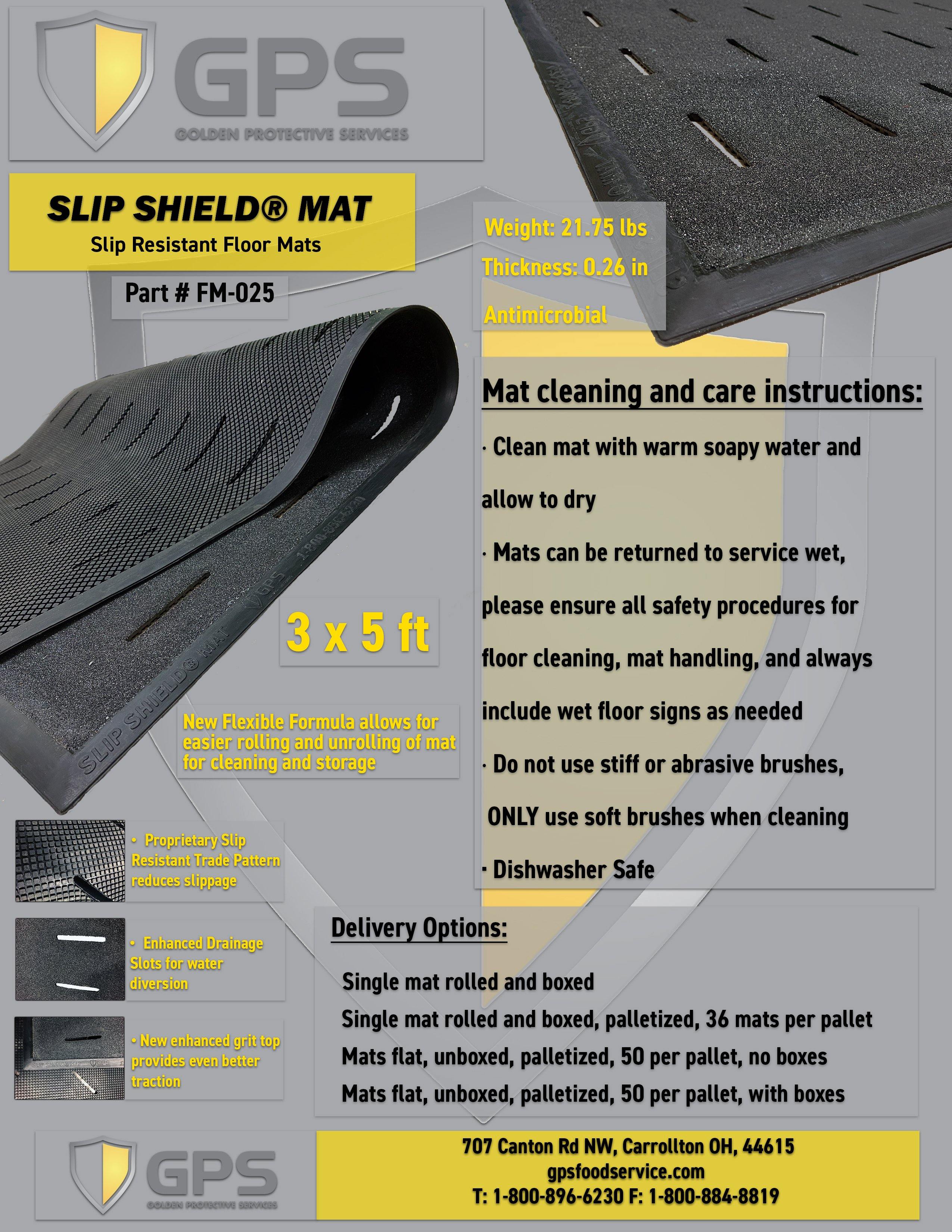 Slip Shield Mat, Slip Resistant Floor Mat, 3' x 5', Commercial Kitchen Grade Nitrile Rubber, Antimicrobial, Grit Top, Drainage Slots, Lightweight, Low Profile, Sold by Each - GPS Gloves