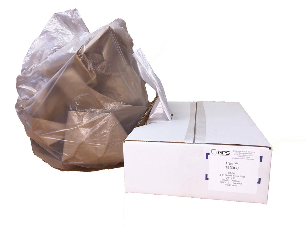 Clear Trash Can Liners, 12-16 Gallon, 24" x 33", 8 MIC, 1000 Per Case - GPS Gloves
