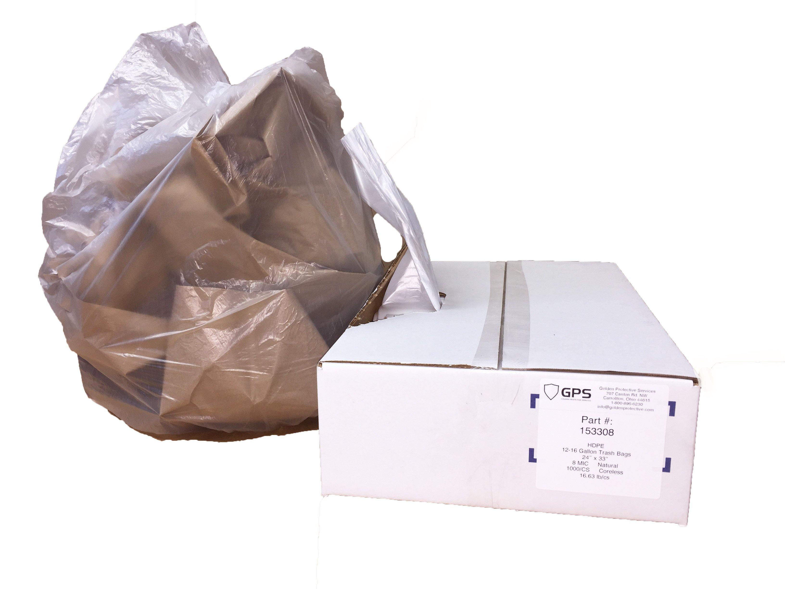 Clear Trash Can Liners, 12-16 Gallon, 24" x 33", 8 MIC, 1000 Per Case - GPS Gloves
