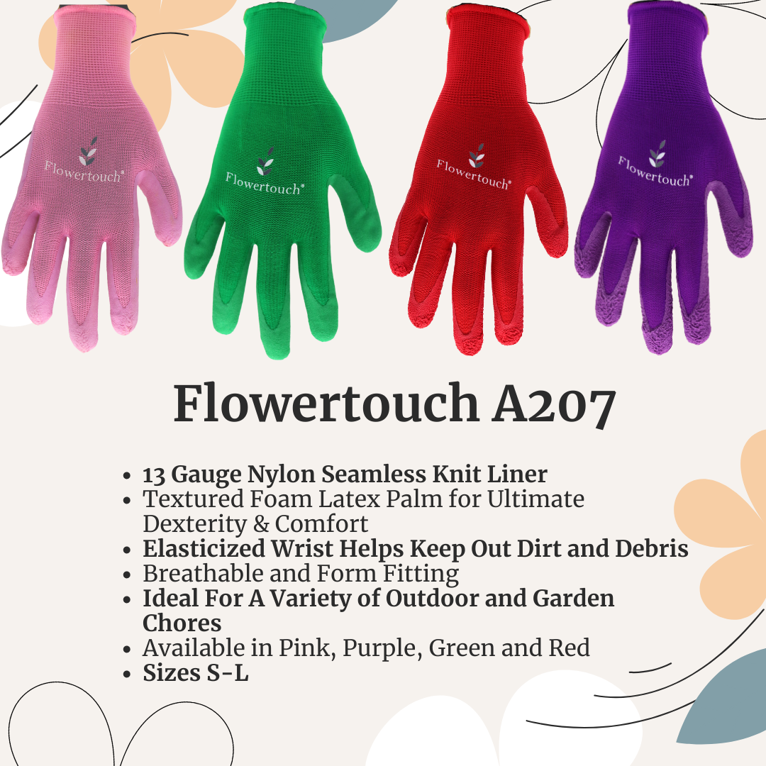 Chilly Grip A207 Flowertouch Foam Latex Palm All Purpose Gloves, Purple, Green, Red, Pink, Sizes S-L, Sold by Pair - GPS Gloves