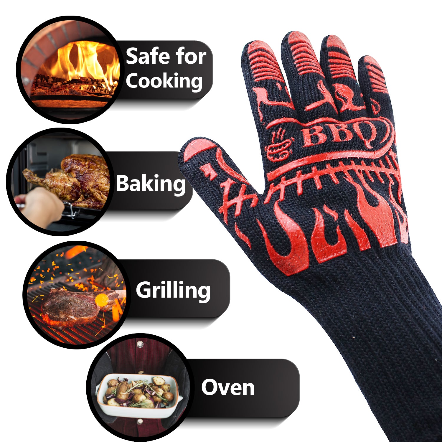 BBQ Grill Gloves, Premium Extreme Heat Resistant Up to 932℉, Great for BBQ, Oven and Grill, Non Slip, Silicone, Washable, Safe for Cooking, Grilling, Baking, 1 Glove - GPS Gloves