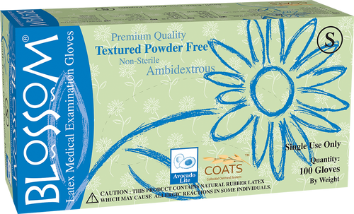 Blossom Latex Powder Free Textured Exam Gloves with C.O.A.T.S., Sizes M-L, 100 Gloves Per Box - GPS Gloves