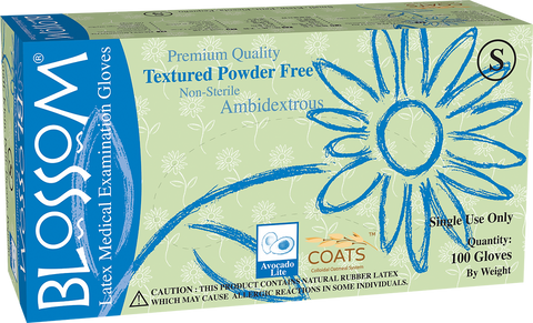 Blossom Latex Powder Free Textured Exam Gloves with C.O.A.T.S., Sizes M-L, 100 Gloves Per Box