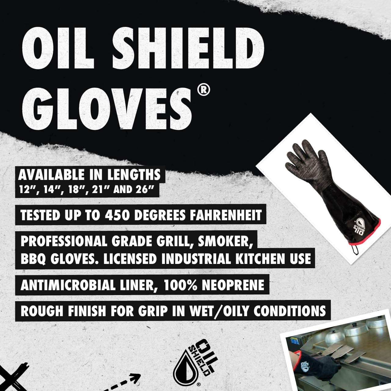 18" Oil Shield Neoprene Glove, Hot Oil/ BBQ Gloves, Anti-Microbial Liner Protected by Clariant, Men's Size Large, Sold by Pair - GPS Gloves