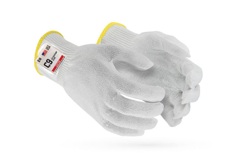 C9, 10 GG Cut Resistant White Glove with Hang Up Loop, ANSI Cut Level 6 - Sizes XXS-XXL