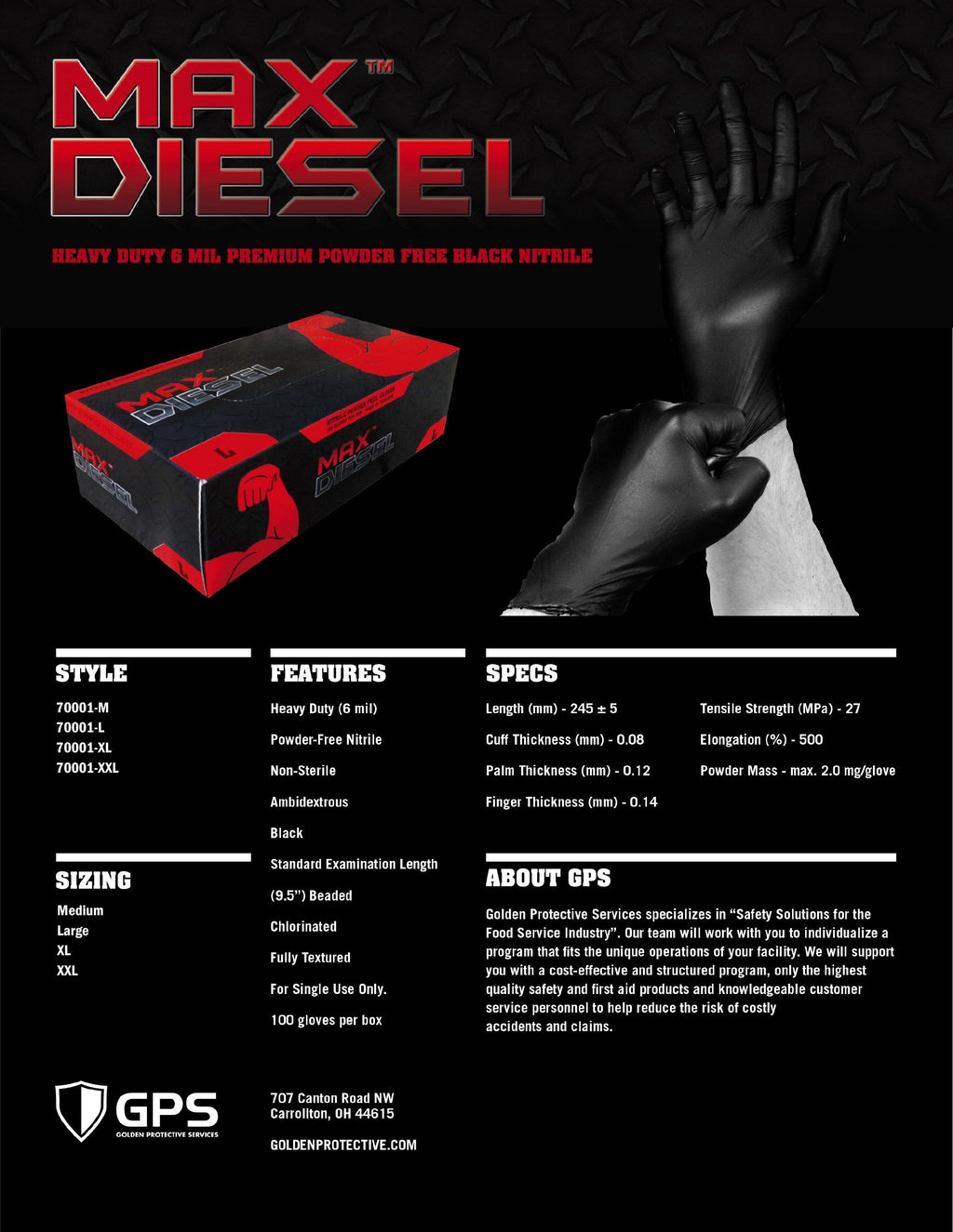 The Max Diesel Nitrile Powder Free Disposable Gloves, 6 Mil, Ambidextrous, 100 Per Box - GPS Gloves