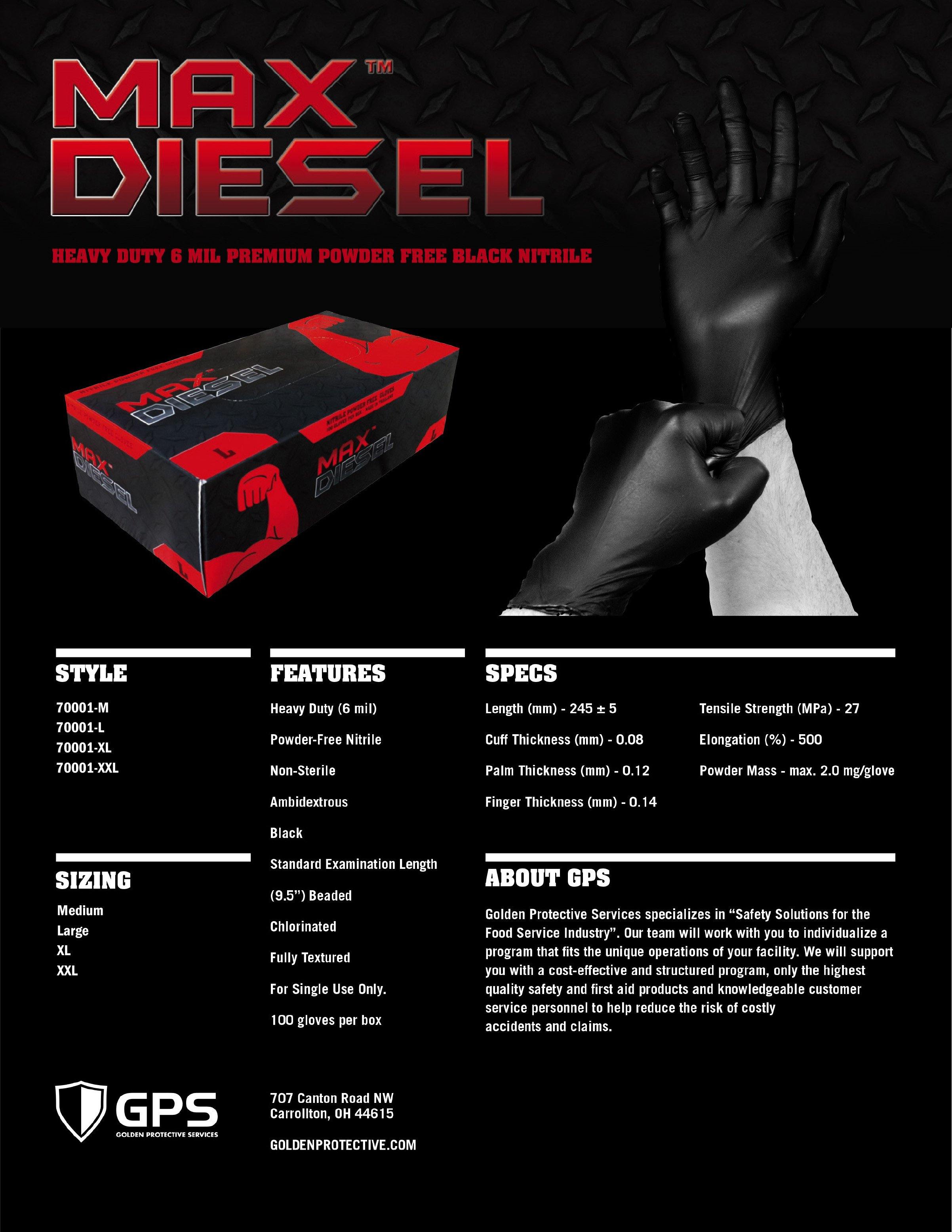 The Max Diesel Nitrile Powder Free Disposable Gloves, 6 Mil, Ambidextrous, 100 Per Box - GPS Gloves