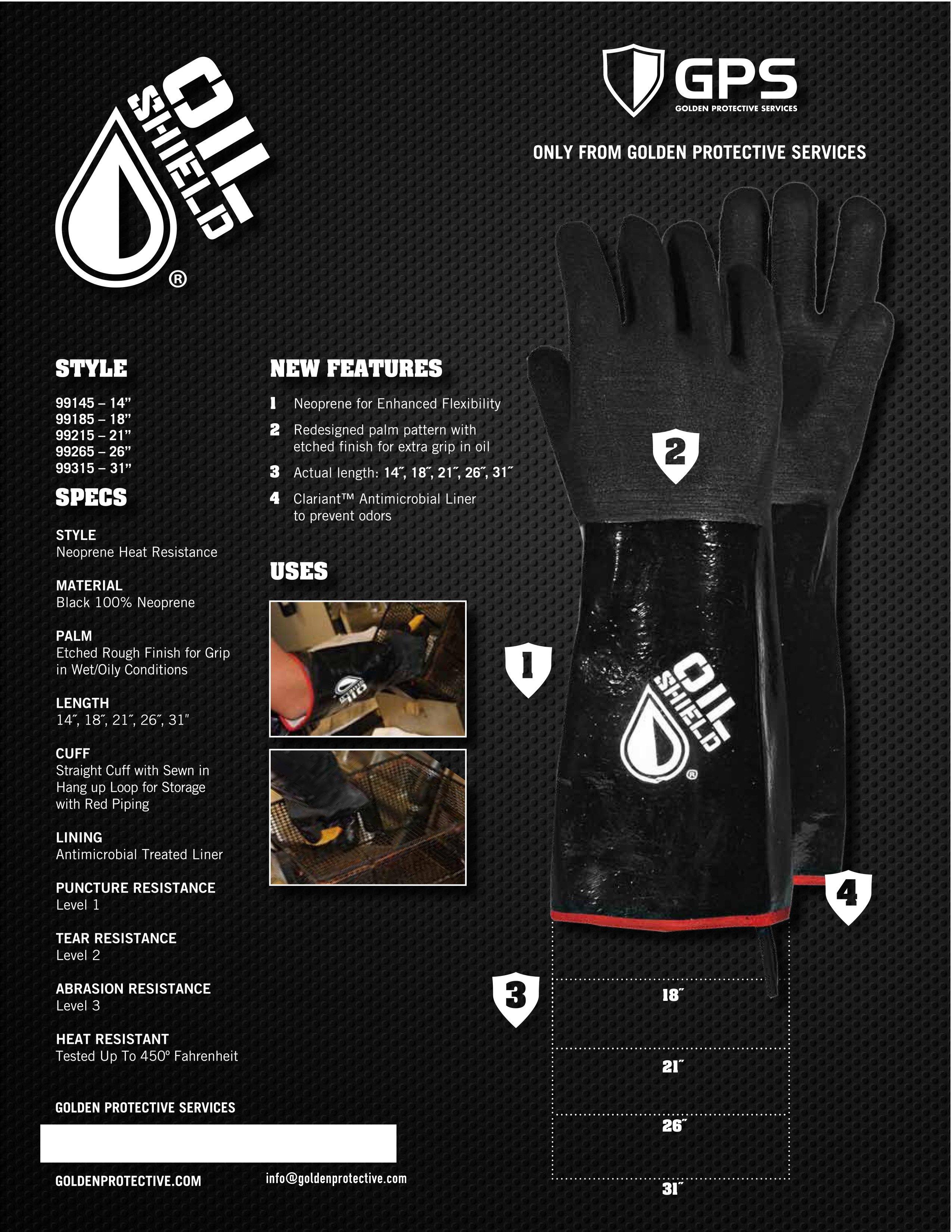 Oil Shield® Heat Resistant Neoprene BAKE Gloves, 450 Degree Temp Rating,  Anti-Microbial Liner, Hang Up Loop, Food Service Safety, Sold by Pair