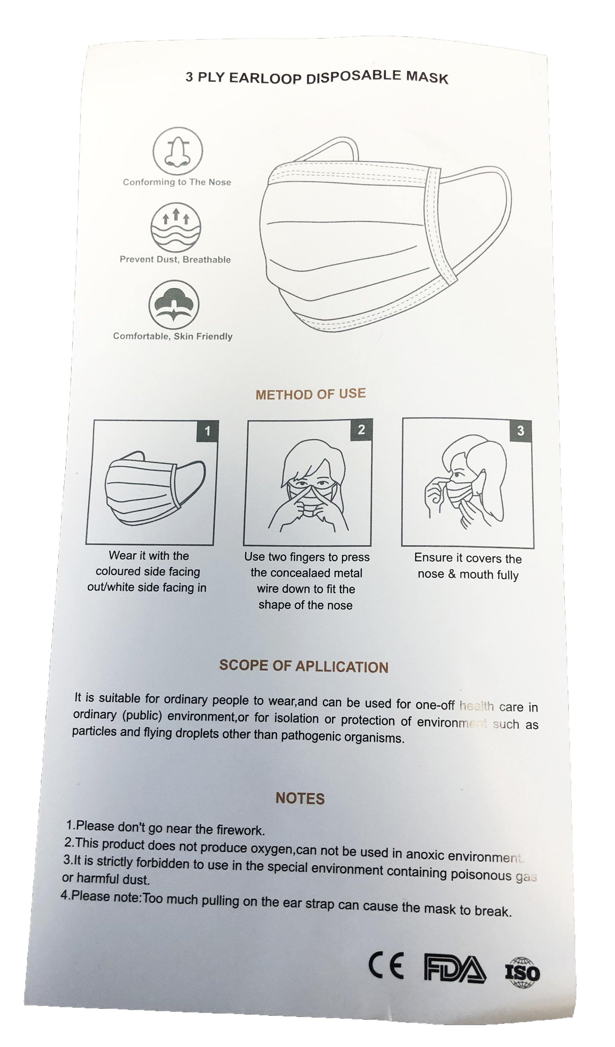 Disposable 3 Ply Face Mask, Latex Free, Elastic Ear Loops, Blue, High Bacteria Filtration, 50 Per Pack - GPS Gloves
