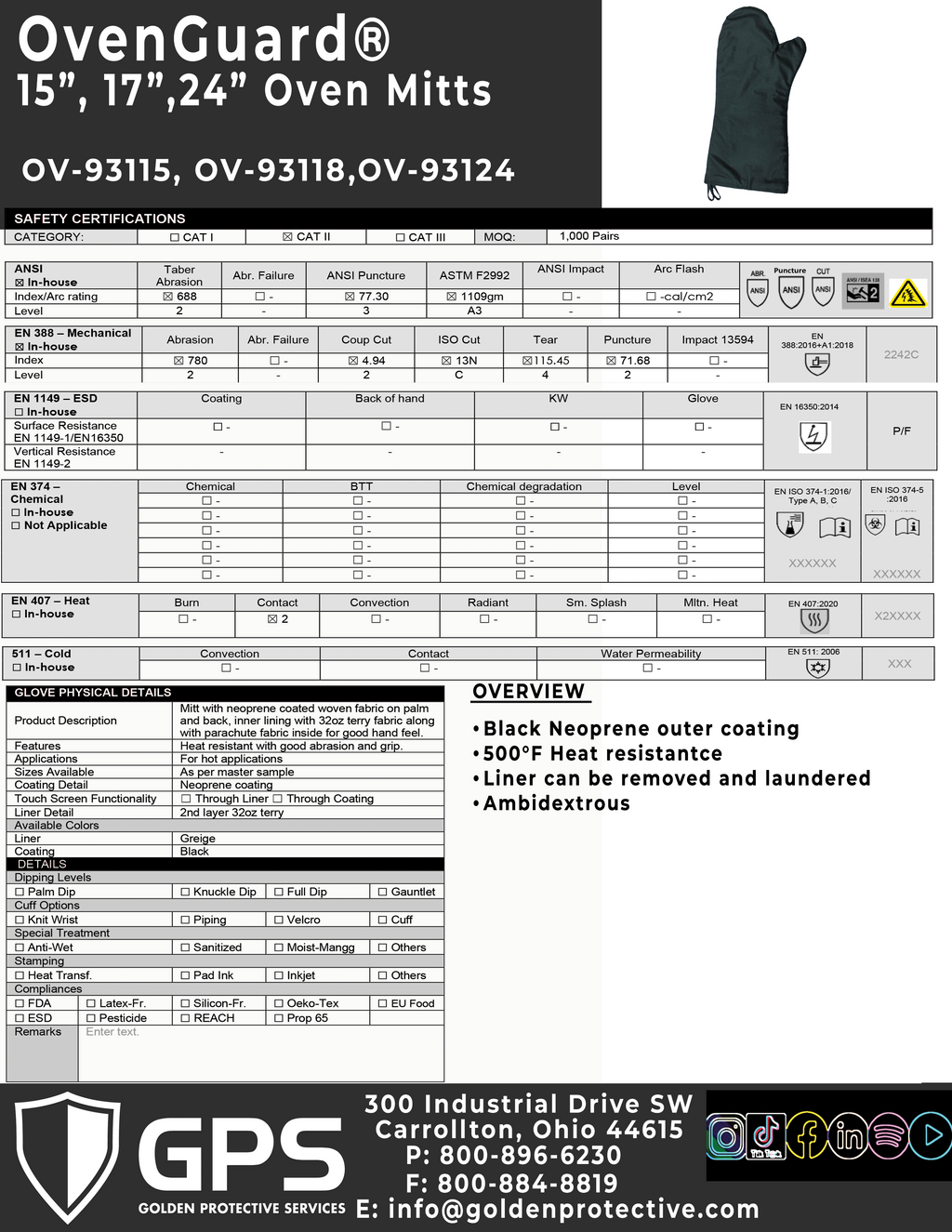 OvenGuard® 15" Oven Mitts, Burn & Steam Protection, 500 Degree Temp Rating, Black - GPS Gloves