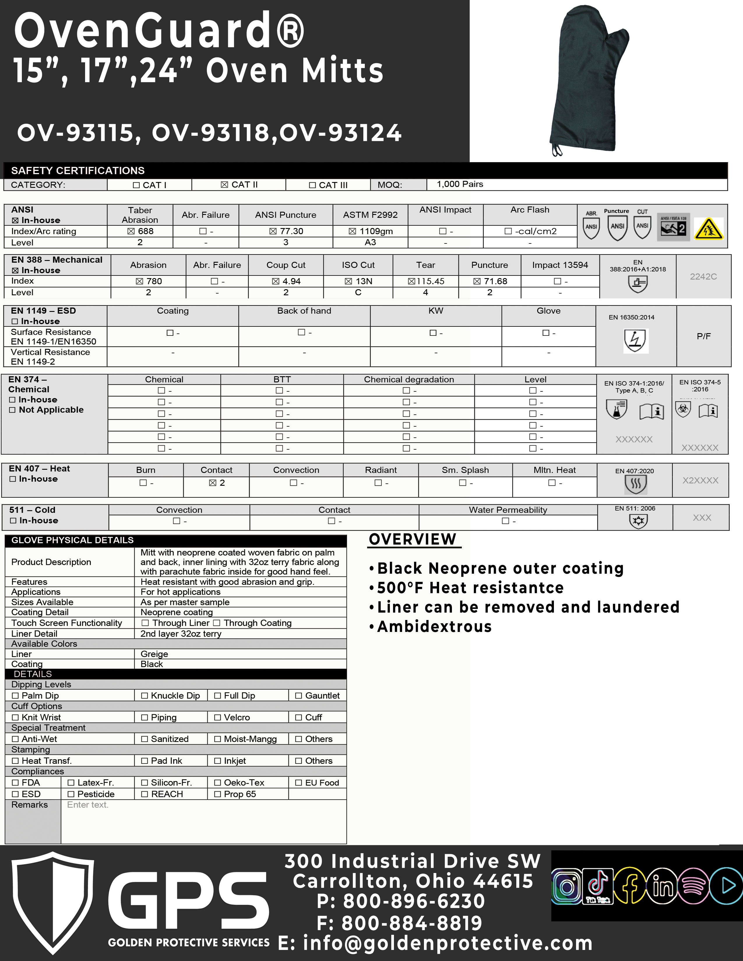 OvenGuard® 15" Oven Mitts, Burn & Steam Protection, 500 Degree Temp Rating, Black - GPS Gloves