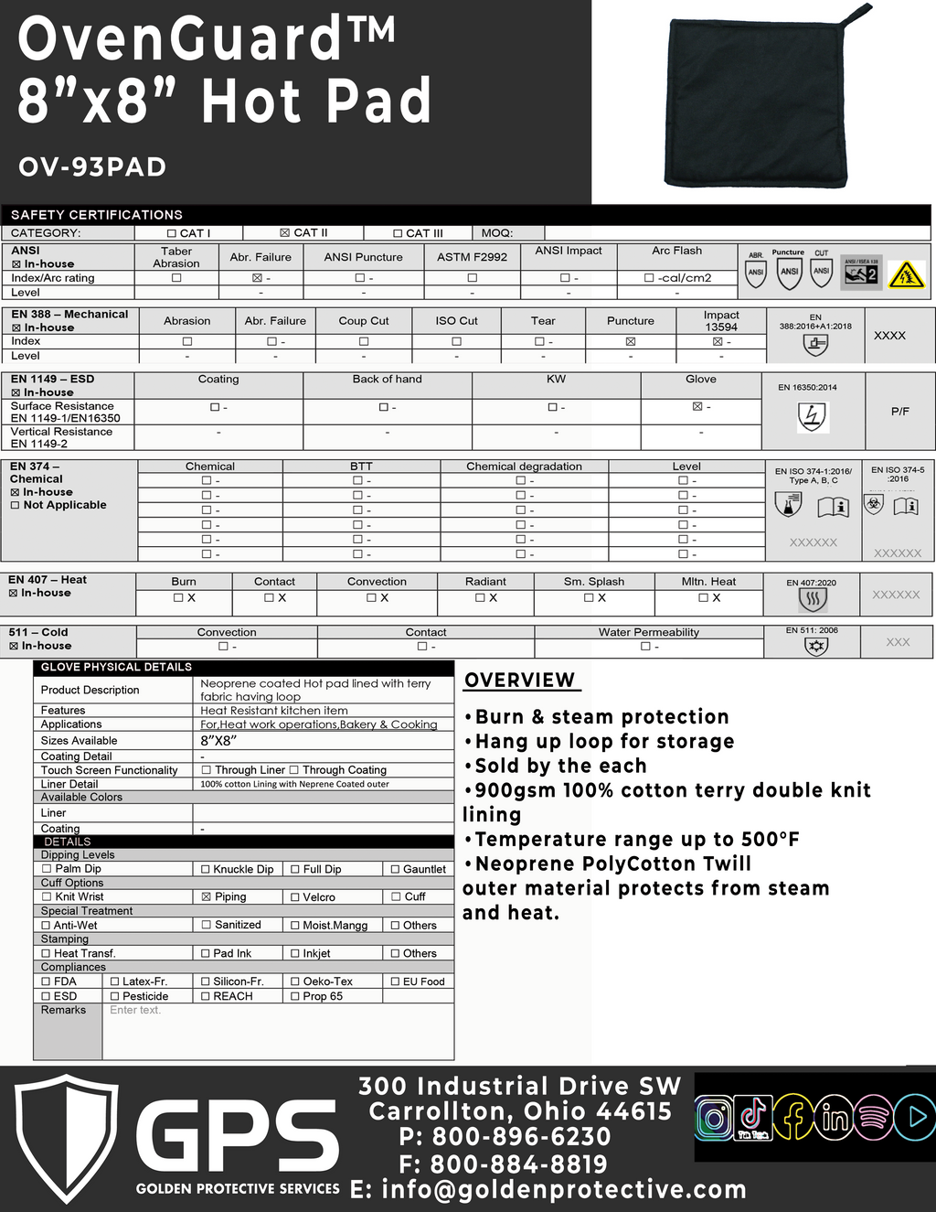 OvenGuard Hot Pad 8" x 8", Burn and Steam Protection, 500 Degree Temp Rating, Hang Up Loop, Black - GPS Gloves