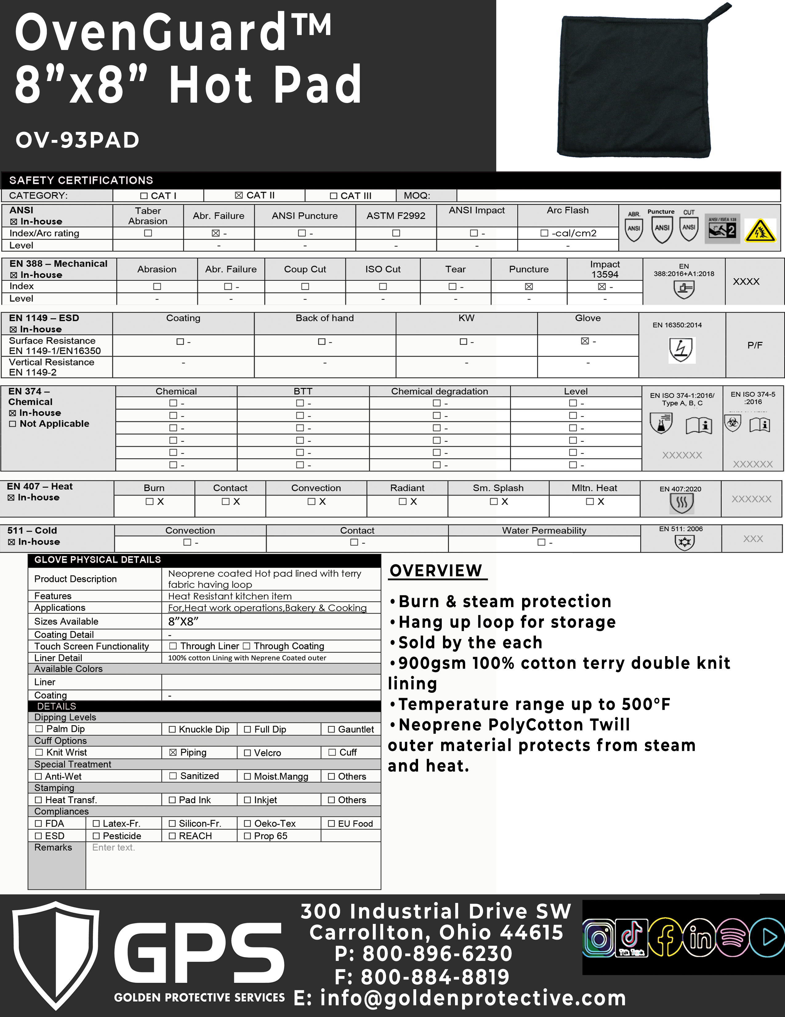 OvenGuard Hot Pad 8" x 8", Burn and Steam Protection, 500 Degree Temp Rating, Hang Up Loop, Black - GPS Gloves
