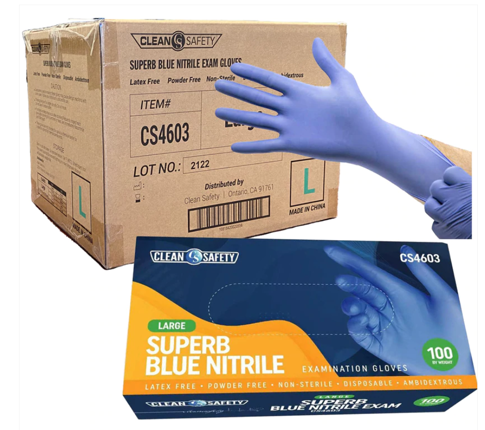 Clean Safety SuperB Blue Nitrile Exam Gloves, Powder Free, Latex Free, Non-Sterile, 4 Mil, Sizes M-XL - GPS Gloves