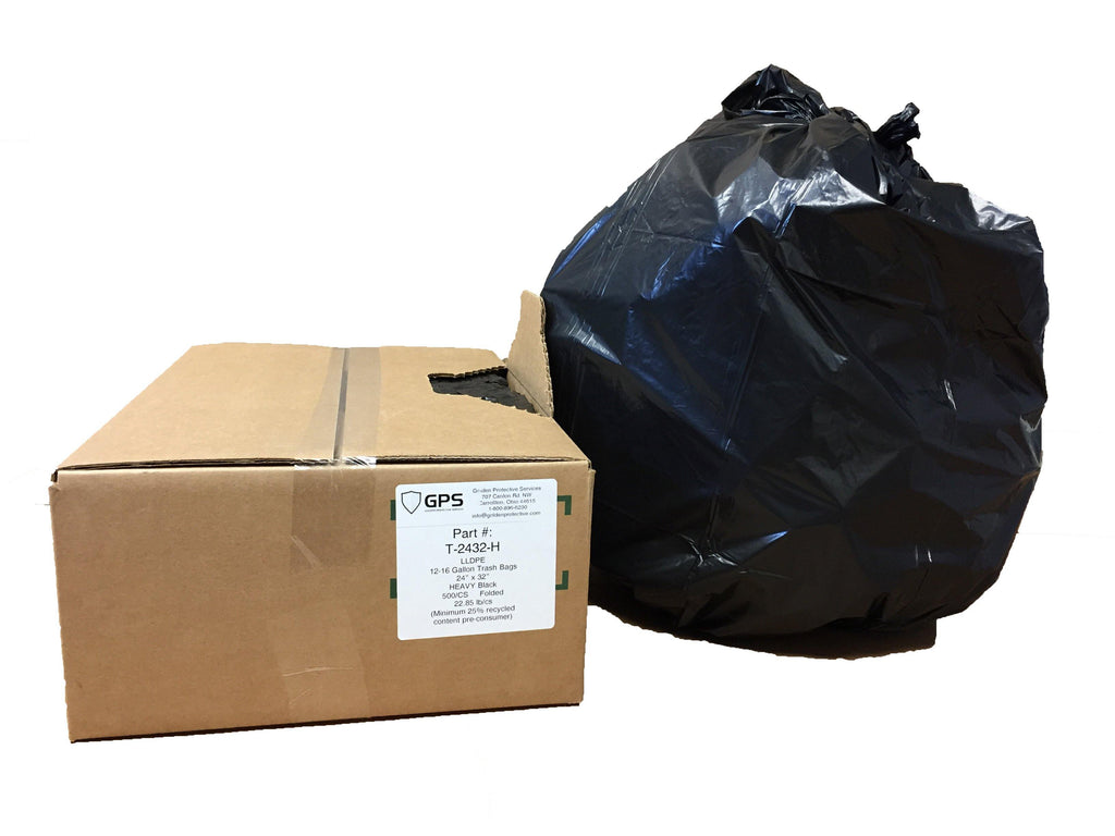 12-16 Gallon Trash Bags, 24" x 32", Black, 500 Per Case, Folded - GPS Gloves