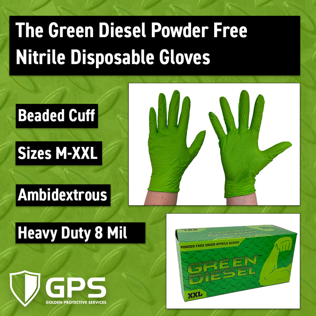 The Green Diesel®, Powder Free Nitrile Disposable Gloves, 8 Mil, Sizes M-XXL - GPS Gloves
