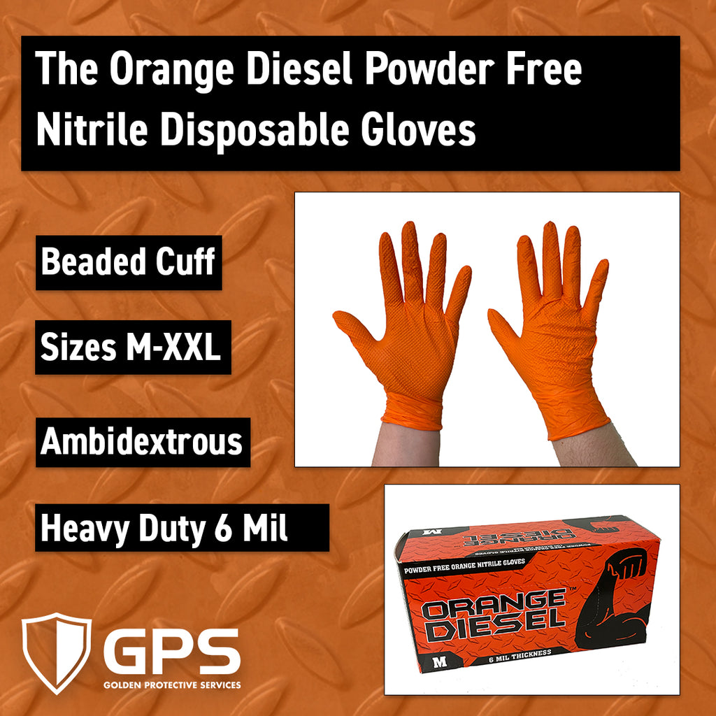 The Orange Diesel®, Powder Free Nitrile Disposable Gloves, 6 Mil, Sizes M-XXL - GPS Gloves