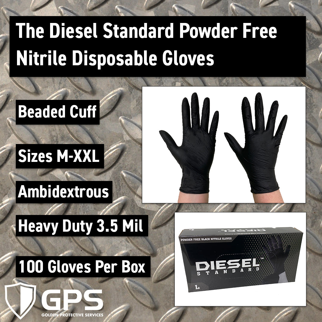 The Diesel Standard Powder Free Nitrile Disposable Gloves, 3.5 Mil, 100 Gloves Per Box, Sizes M-XXL - GPS Gloves