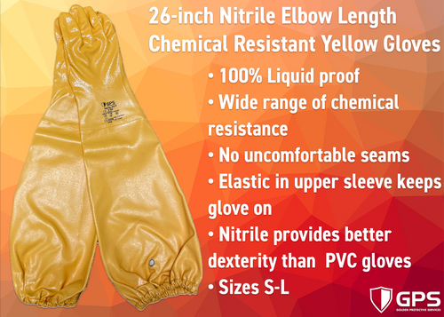 26-inch Nitrile Elbow Length Chemical Resistant Yellow Gloves, 100% Liquid Proof - GPS Gloves