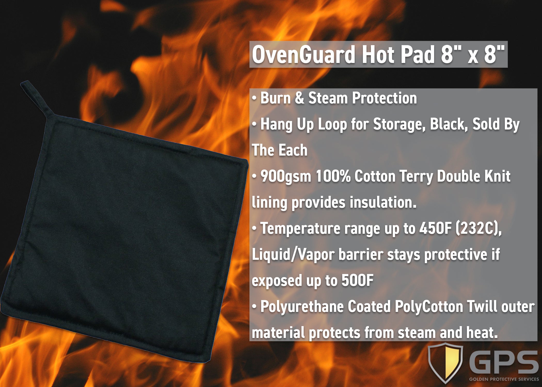 OvenGuard Hot Pad 8" x 8", Burn and Steam Protection, 500 Degree Temp Rating, Hang Up Loop, Black - GPS Gloves