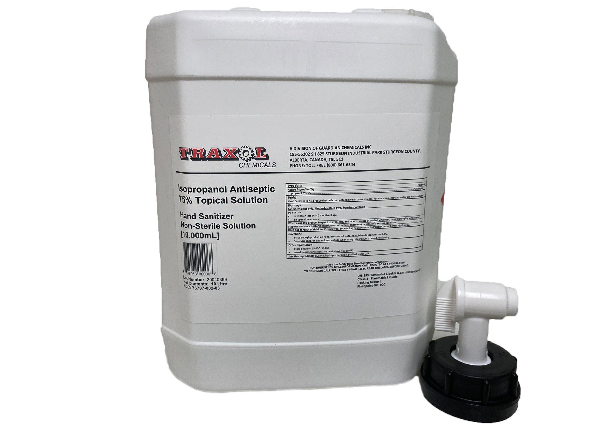Traxol Isopropanol Antiseptic 75% Topical Solution Hand Sanitizer, 10 Liter Bottle, Spigot Included - GPS Gloves