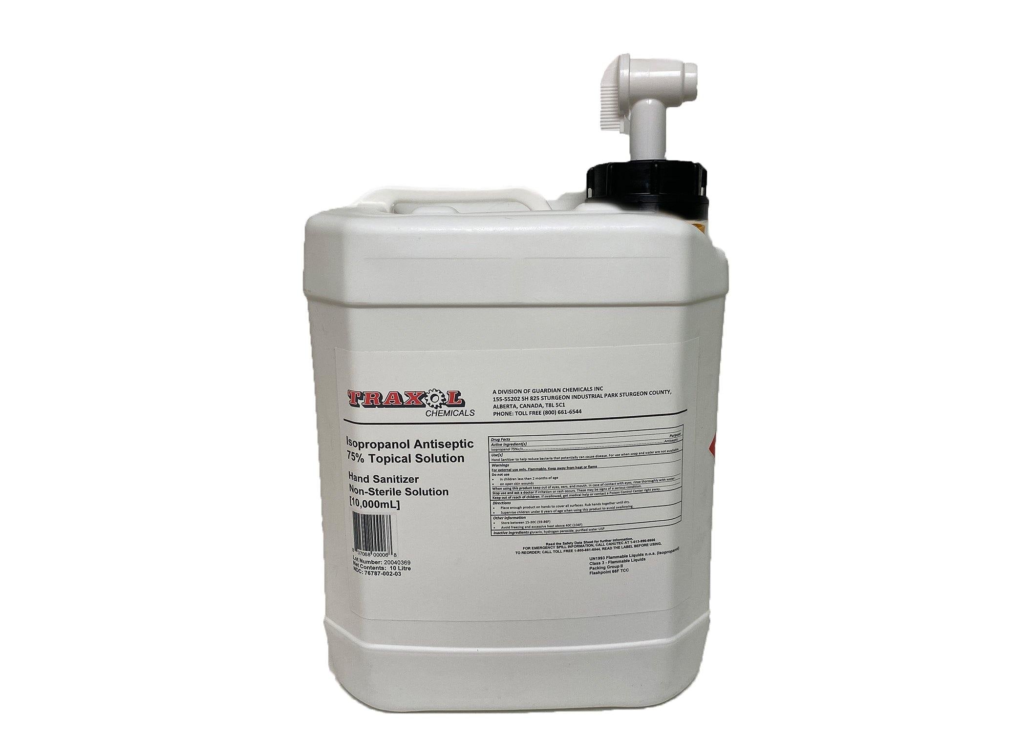 Traxol Isopropanol Antiseptic 75% Topical Solution Hand Sanitizer, 10 Liter Bottle, Spigot Included - GPS Gloves